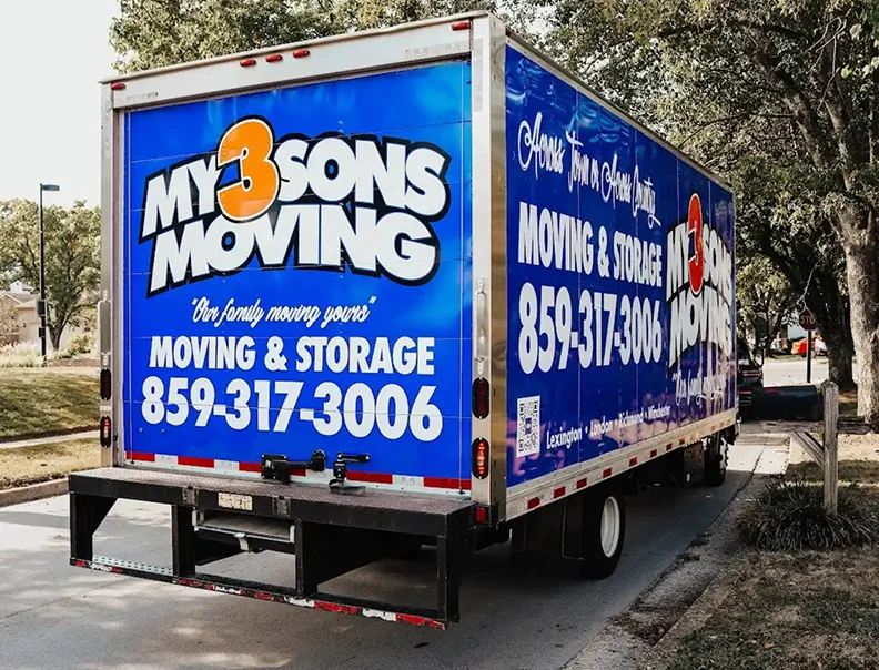 My 3 Sons Moving truck parked on a residential street, showcasing the company's moving and storage services.